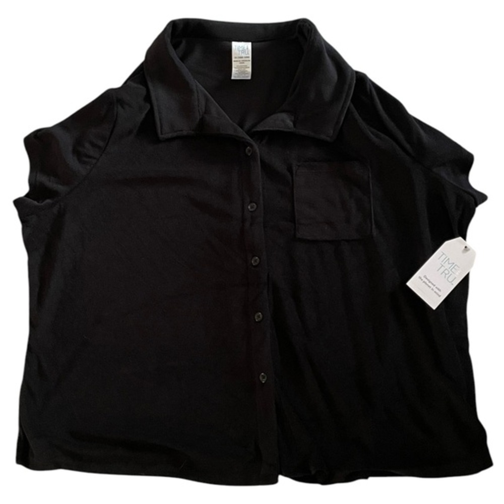 BNWT Time & Tru Plus Terry Button Up Summer Coverup Shirt (Black, 1X(16W-18W))